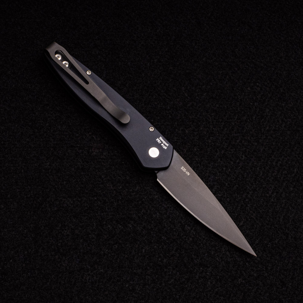 Pro-Tech Knives Newport – Tuxedo – Black Aluminum Handle – Ivory Micarta Inlay – Black DLC S35VN Blade 3452