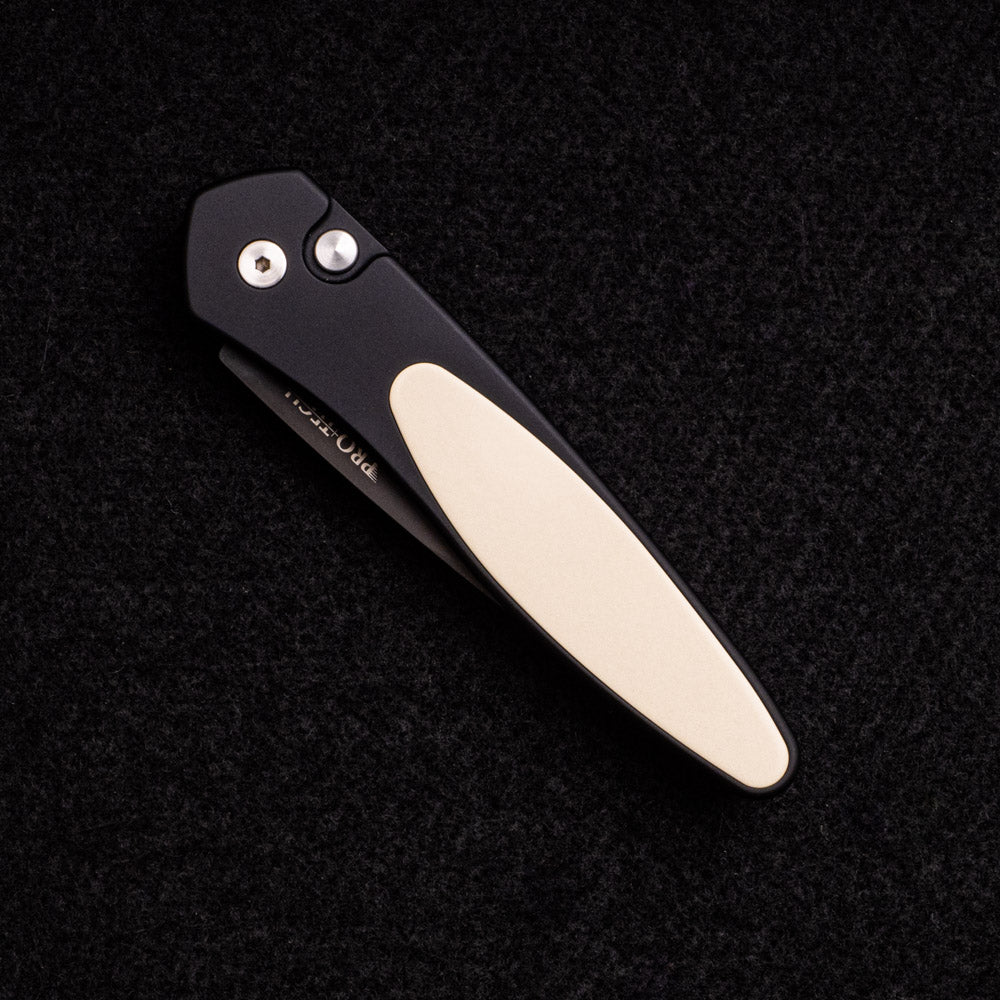 Pro-Tech Knives Newport – Tuxedo – Black Aluminum Handle – Ivory Micarta Inlay – Black DLC S35VN Blade 3452