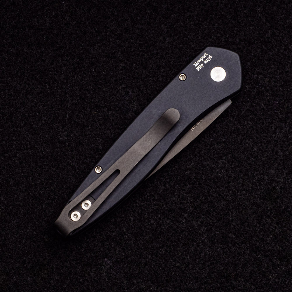 Pro-Tech Knives Newport – Tuxedo – Black Aluminum Handle – Ivory Micarta Inlay – Black DLC S35VN Blade 3452