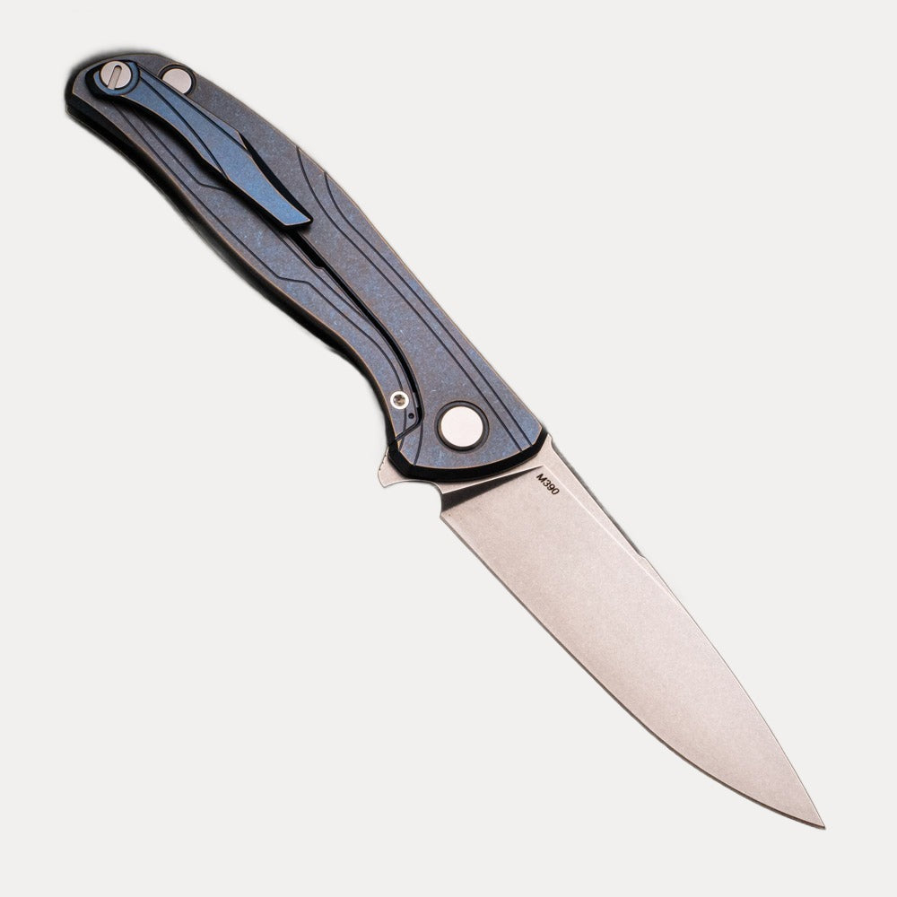 SHIROGOROV F95R – BLUE STONEWASH TITANIUM HANDLE – M390 BLADE – MRBS