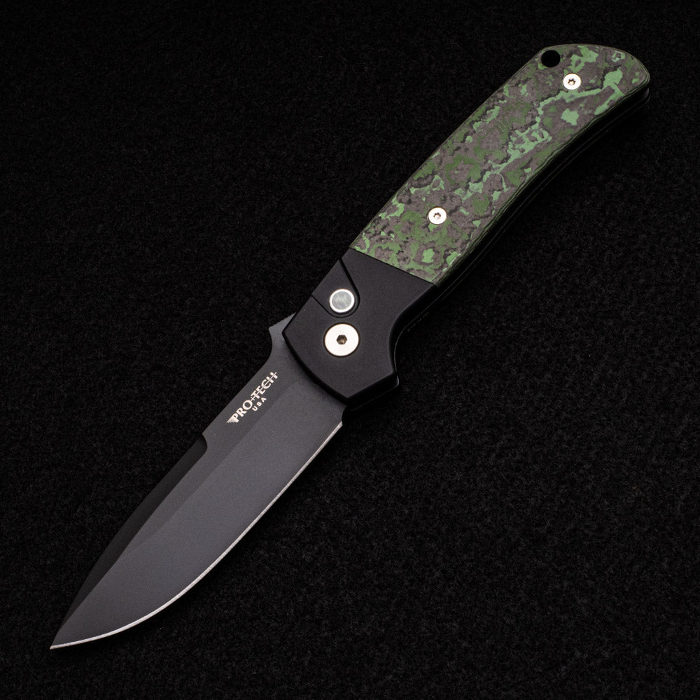 Pro-Tech Knives Terzuola ATCF Auto – GXIII – Black Aluminum W- Green-Black Fat Carbon Handle – Black MOP Button – Black DLC Magnacut Blade