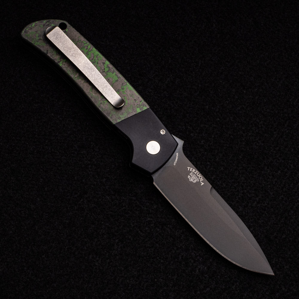 Pro-Tech Knives Terzuola ATCF Auto – GXIII – Black Aluminum W- Green-Black Fat Carbon Handle – Black MOP Button – Black DLC Magnacut Blade