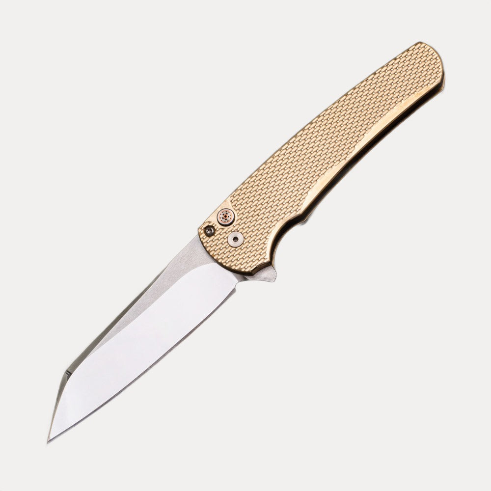 Pro-Tech Knives Malibu Flipper Custom Limited – Textured Bronze AL Handle- Hand Ground Mirror Polished Reverse Tanto Blade – Mosaic Button