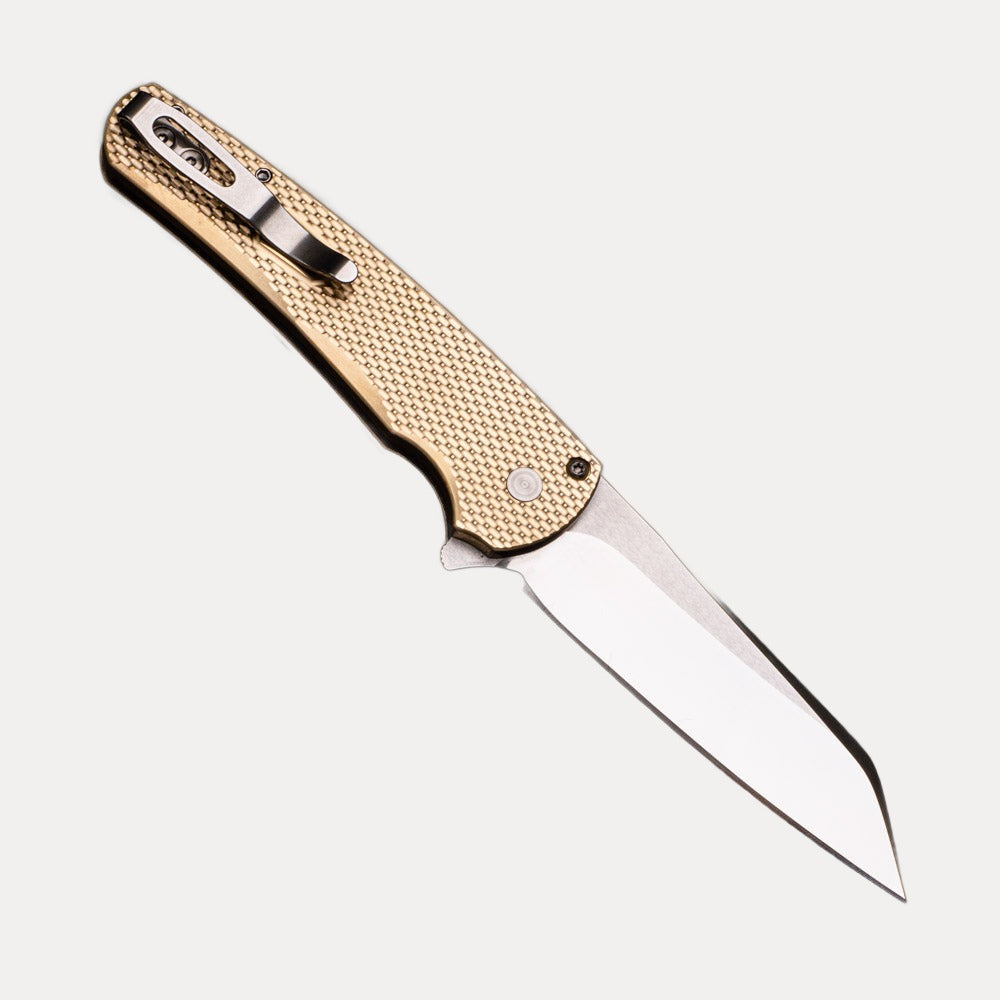 Pro-Tech Knives Malibu Flipper Custom Limited – Textured Bronze AL Handle- Hand Ground Mirror Polished Reverse Tanto Blade – Mosaic Button