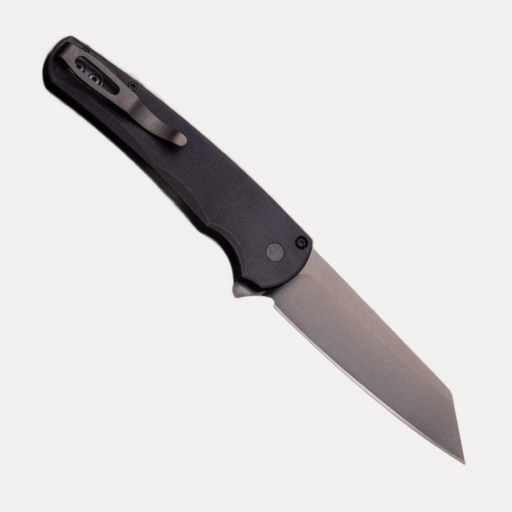 Pro-Tech Knives Malibu Flipper Operator – Black Aluminum Scales- Black DLC 20CV Reverse Tanto Blade – Tritium Inlay Button