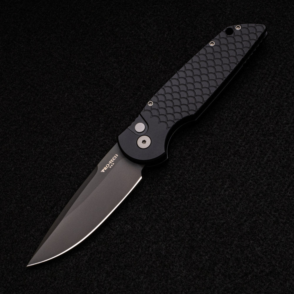 Pro-Tech Knives TR-3 X1 – Black “Fish Scale” Aluminum Handle – Sterile Black 154CM Blade