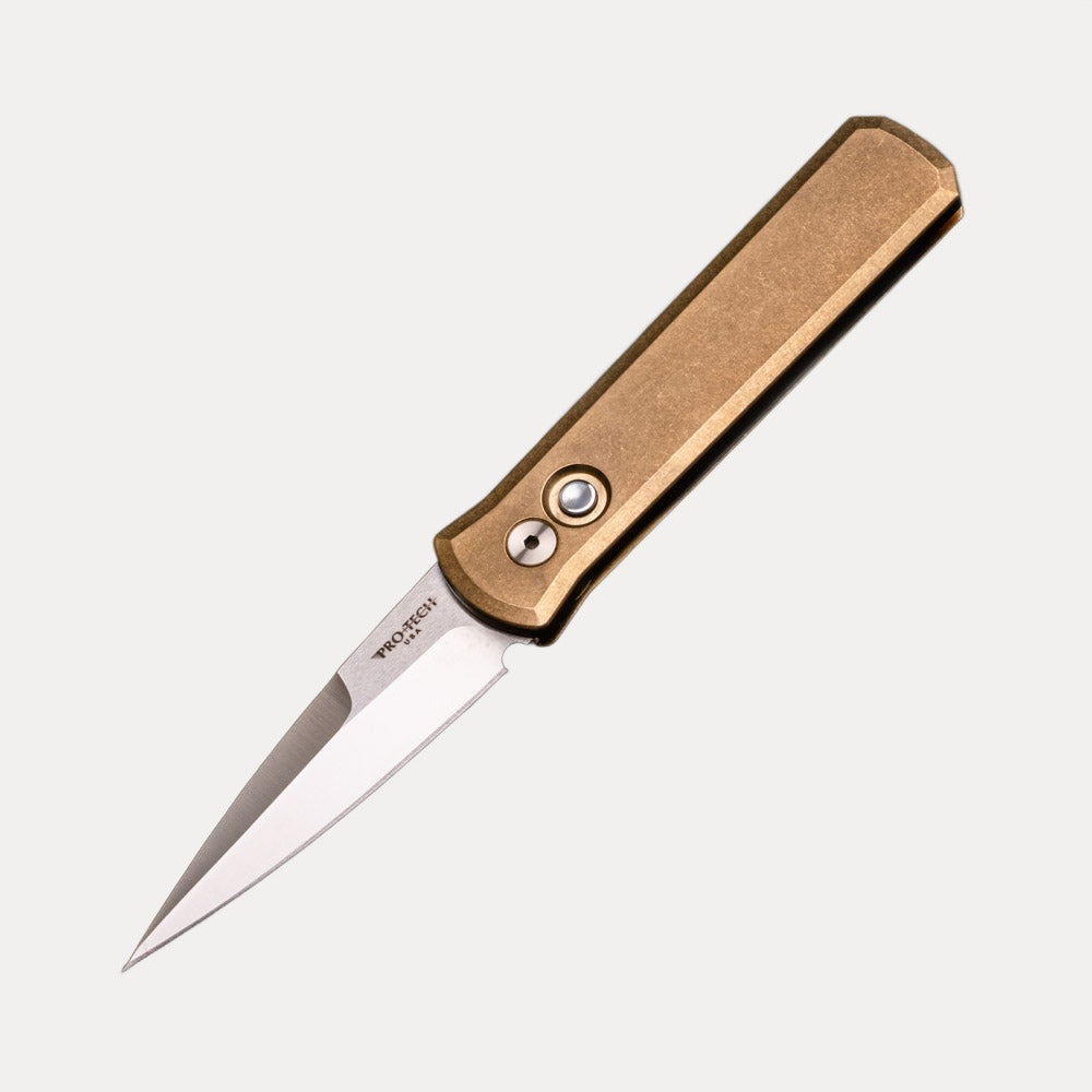 Pro-Tech Knives Godson Limited – Solid Bronze AL Handle – Satin 154CM Blade – Mother of Pearl Button 7110