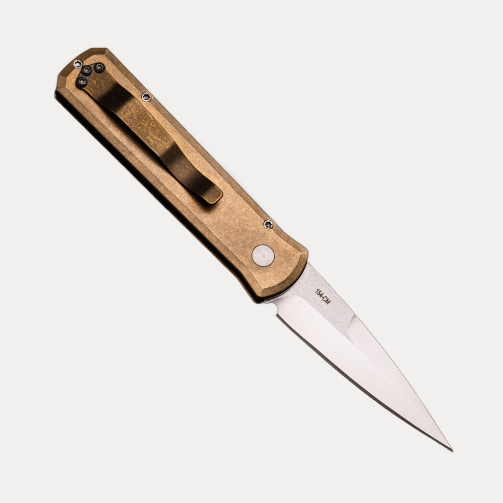 Pro-Tech Knives Godson Limited – Solid Bronze AL Handle – Satin 154CM Blade – Mother of Pearl Button 7110