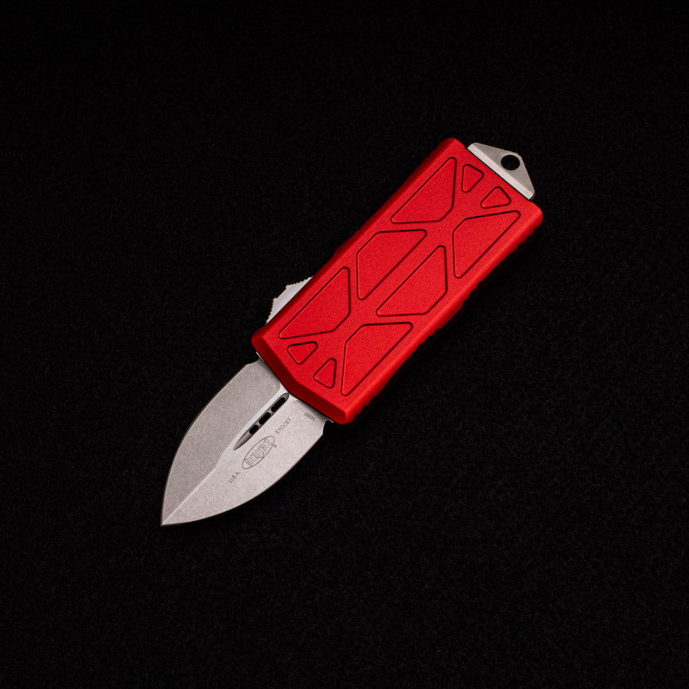 MICROTECH EXOCET - CA-LEGAL OTF KNIFE - RED MONEYCLIP D-E STONEWASH STANDARD 157-10 RD