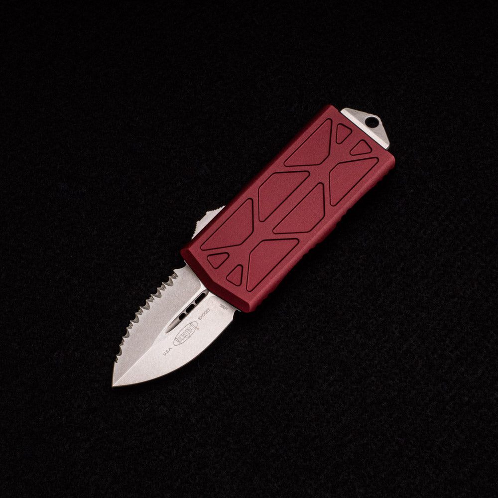 MICROTECH EXOCET - CA-LEGAL OTF KNIFE - MERLOT MONEYCLIP D-E STONEWASH STANDARD FULL SERRATED 157-12 MR