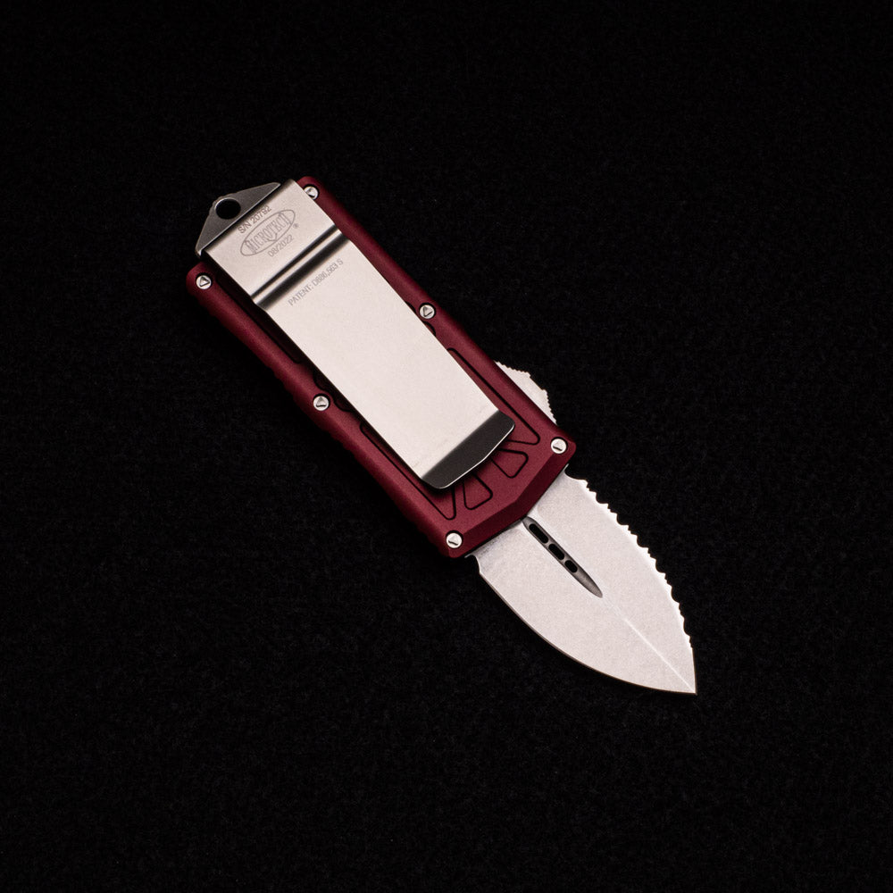 MICROTECH EXOCET - CA-LEGAL OTF KNIFE - MERLOT MONEYCLIP D-E STONEWASH STANDARD FULL SERRATED 157-12 MR