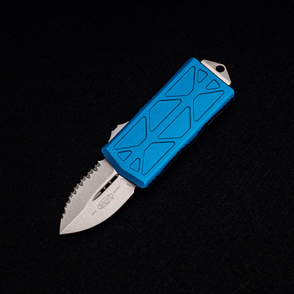 MICROTECH EXOCET - CA-LEGAL OTF KNIFE - BLUE MONEYCLIP D-E STONEWASH STANDARD FULL SERRATED 157-12 BL