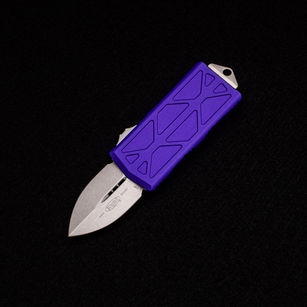 MICROTECH EXOCET - CA-LEGAL OTF KNIFE - PURPLE MONEYCLIP D-E STONEWASH STANDARD 157-10 PU