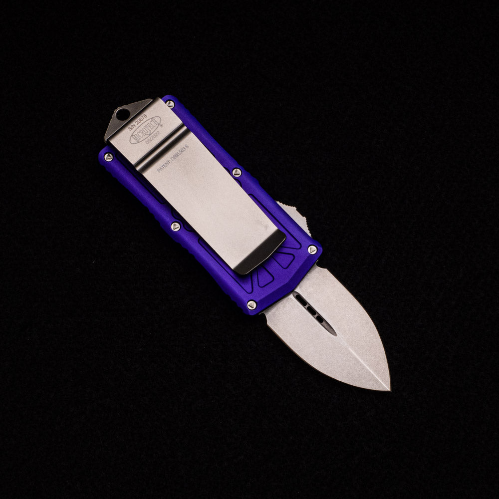 MICROTECH EXOCET - CA-LEGAL OTF KNIFE - PURPLE MONEYCLIP D-E STONEWASH STANDARD 157-10 PU