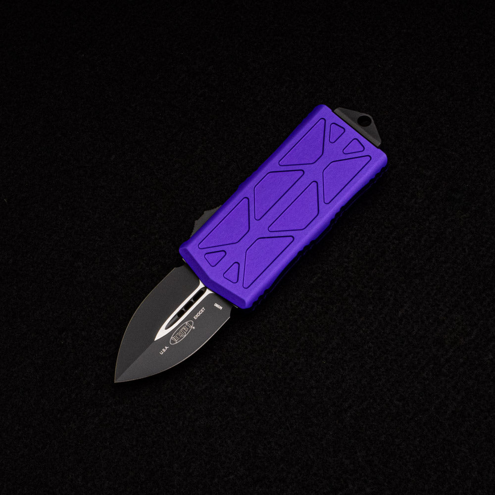 MICROTECH EXOCET - CA-LEGAL OTF KNIFE - PURPLE MONEYCLIP D-E BLACK STANDARD 157-1 PU