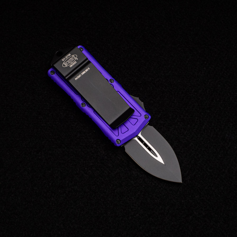 MICROTECH EXOCET - CA-LEGAL OTF KNIFE - PURPLE MONEYCLIP D-E BLACK STANDARD 157-1 PU