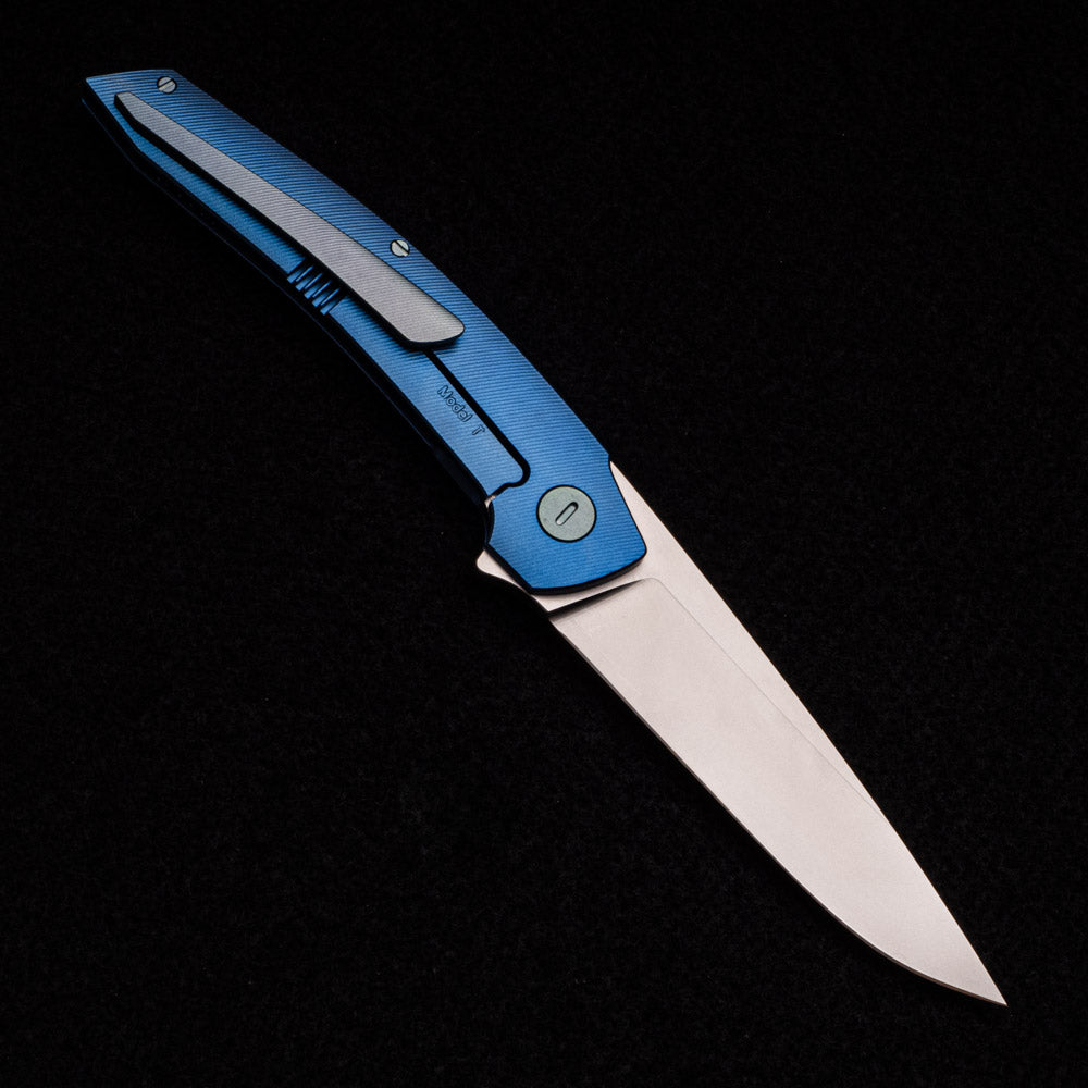 Hog House Knives Model T – RWL34 BLADE – BLUE TI W- GREEN