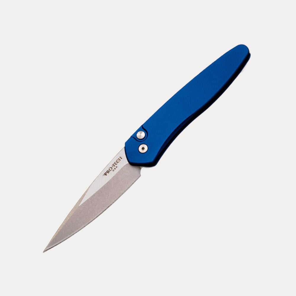 Pro-Tech Knives Newport – Solid Blue Aluminum Handle – Stonewash S35VN Blade 3405-BLUE