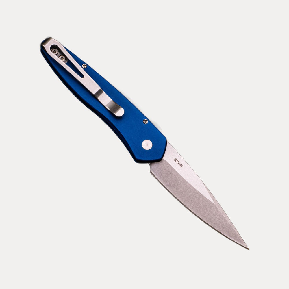 Pro-Tech Knives Newport – Solid Blue Aluminum Handle – Stonewash S35VN Blade 3405-BLUE