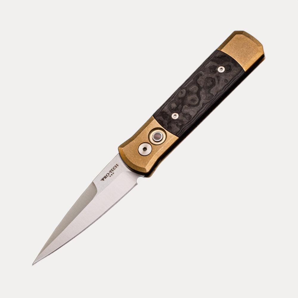 Pro-Tech Knives Godson – Limited – Stonewash Solid Bronze AL Handle - Camo Fat Carbon – MOP Button – Satin 154CM Blade 7114-CAMO