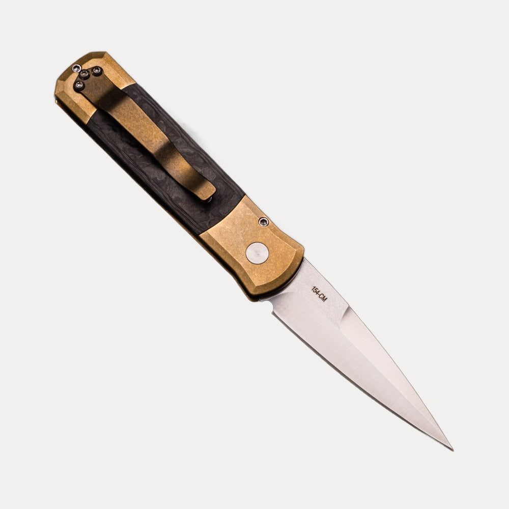 Pro-Tech Knives Godson – Limited – Stonewash Solid Bronze AL Handle - Camo Fat Carbon – MOP Button – Satin 154CM Blade 7114-CAMO