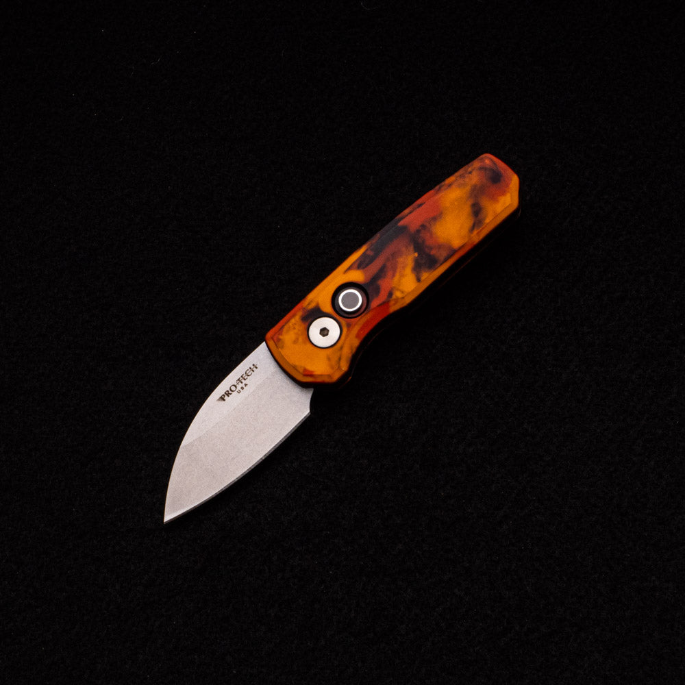 Pro-Tech Knives Runt – Custom Anodized “Del Fuego” Aluminum Handle – MOP Button – Stonewash Magnacut Wharncliffe Blade R5301-DF