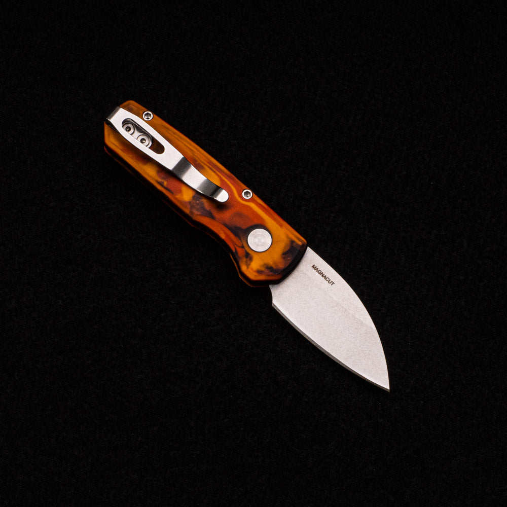 Pro-Tech Knives Runt – Custom Anodized “Del Fuego” Aluminum Handle – MOP Button – Stonewash Magnacut Wharncliffe Blade R5301-DF