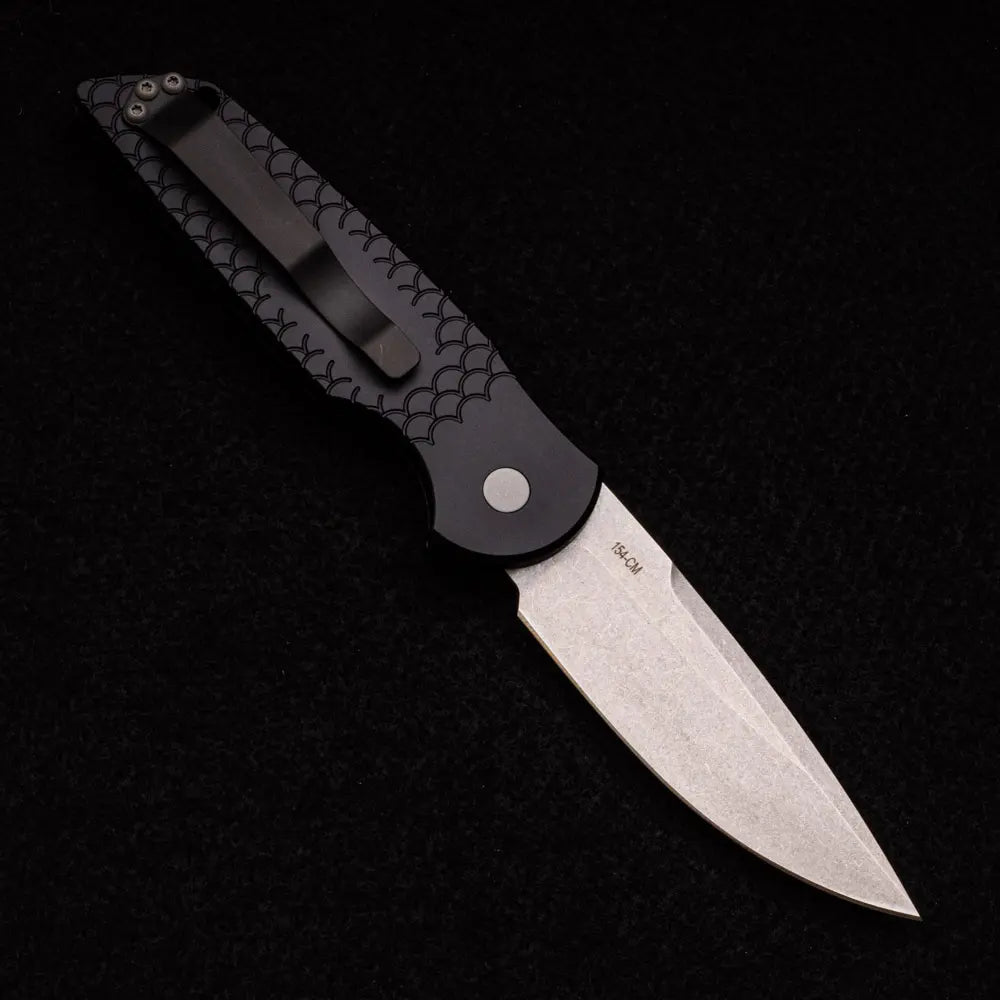 Pro-Tech Knives TR-3 X1 SW – Tactical Response 3 – Black Aluminum Handle W- “Fish Scale” Pattern – Stonewash 154CM Blade