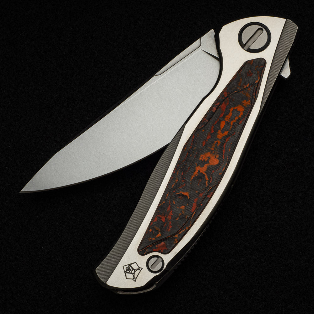 SHIROGOROV F95R NL - M390 BLADE - STONEWASHED TITANIUM HANDLE W- "MARS VALLEY" CARBON FIBER INLAY- MRBS