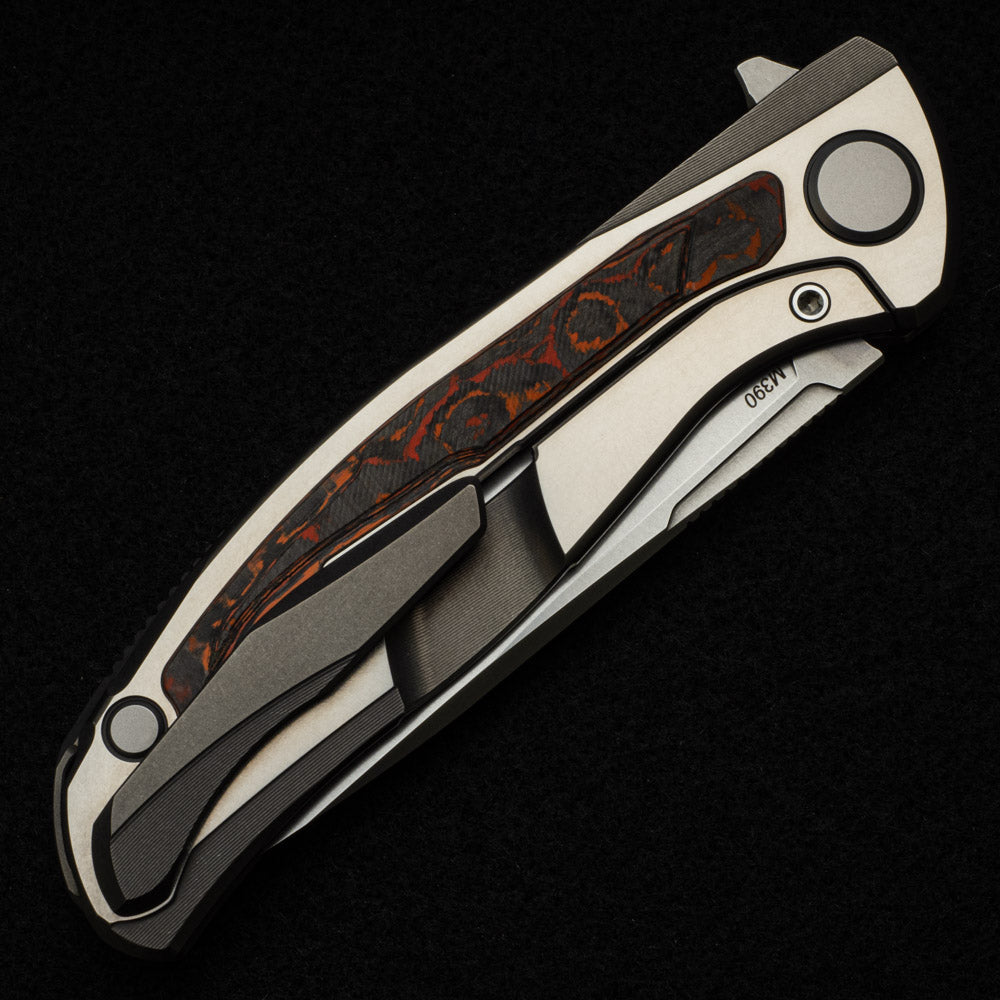 SHIROGOROV F95R NL - M390 BLADE - STONEWASHED TITANIUM HANDLE W- "MARS VALLEY" CARBON FIBER INLAY- MRBS