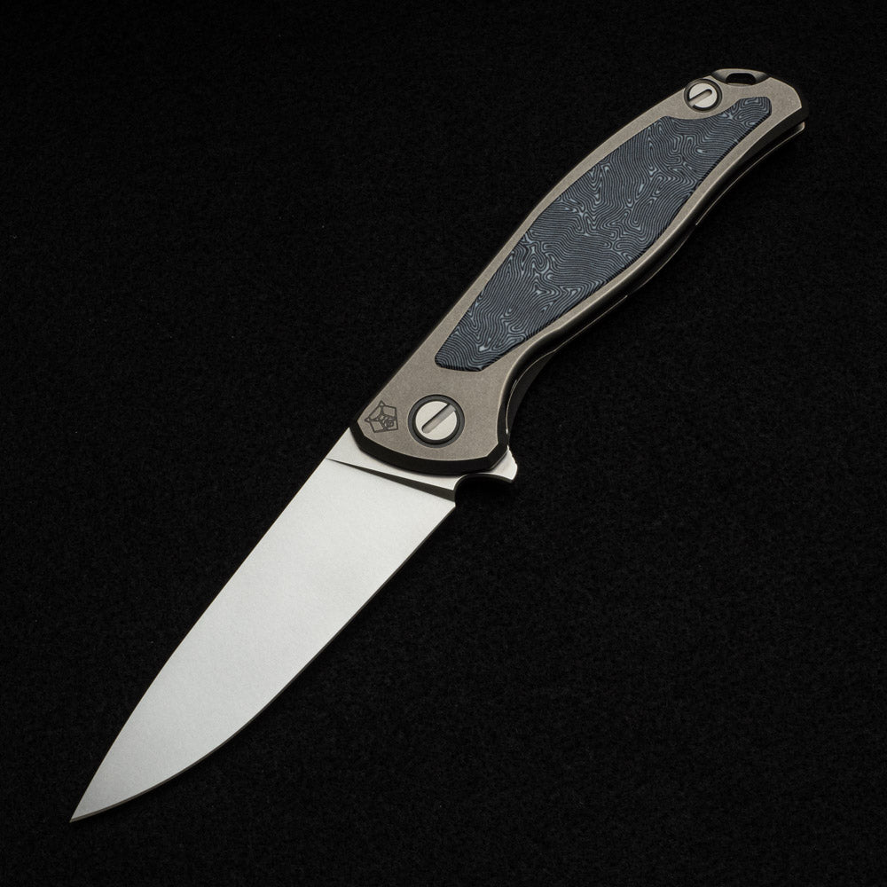 SHIROGOROV F95NL - ELMAX BLADE - STONEWASHED TITANIUM HANDLE W- BLACK-WHITE MICARTA INLAY- SRB