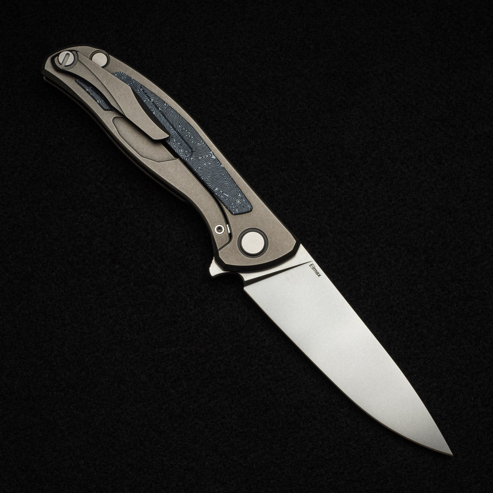 SHIROGOROV F95NL - ELMAX BLADE - STONEWASHED TITANIUM HANDLE W- BLACK-WHITE MICARTA INLAY- SRB