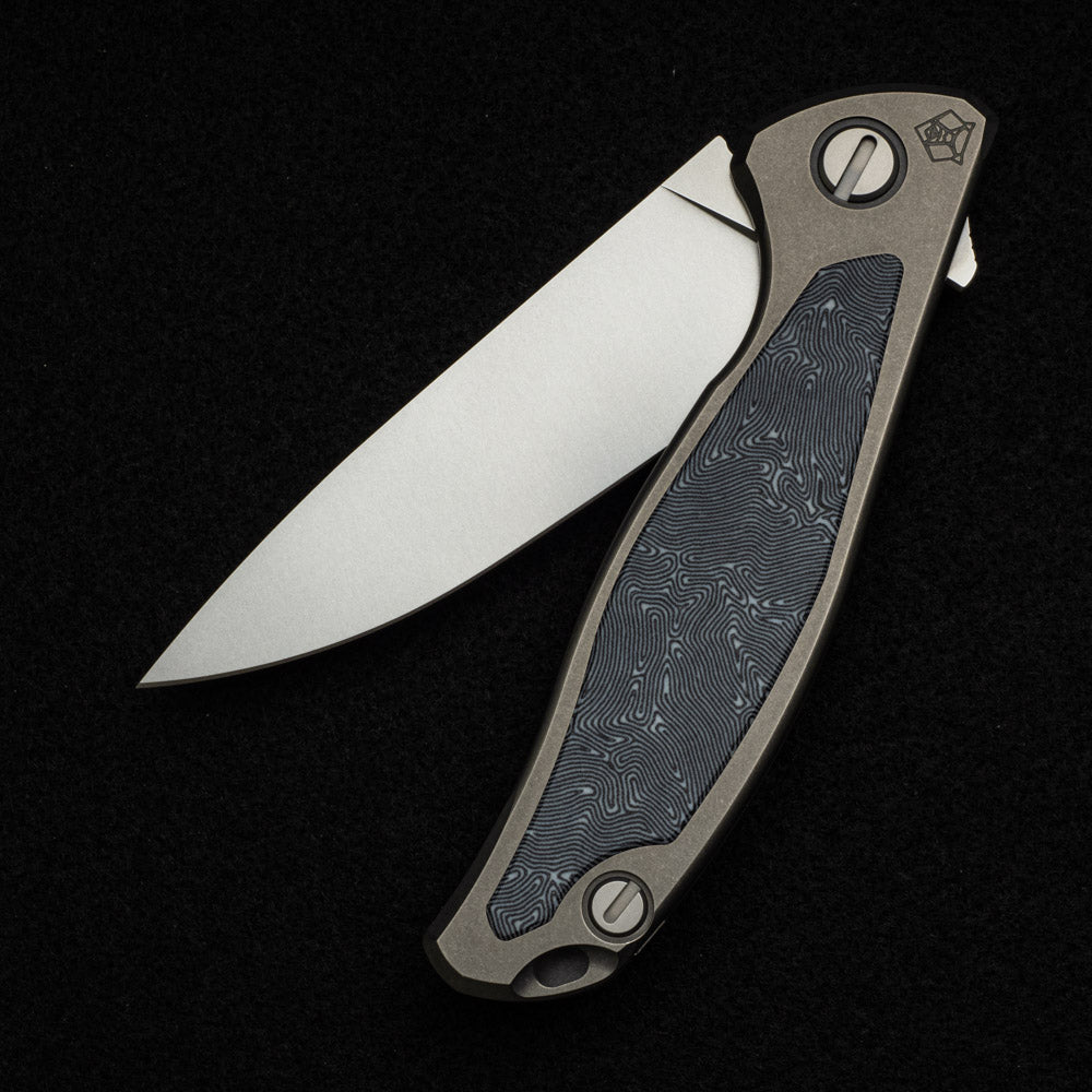 SHIROGOROV F95NL - ELMAX BLADE - STONEWASHED TITANIUM HANDLE W- BLACK-WHITE MICARTA INLAY- SRB