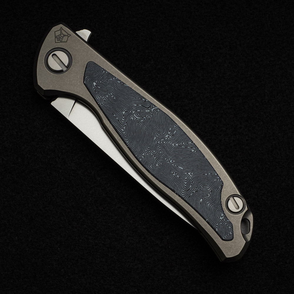 SHIROGOROV F95NL - ELMAX BLADE - STONEWASHED TITANIUM HANDLE W- BLACK-WHITE MICARTA INLAY- SRB