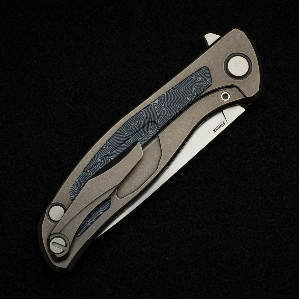 SHIROGOROV F95NL - ELMAX BLADE - STONEWASHED TITANIUM HANDLE W- BLACK-WHITE MICARTA INLAY- SRB