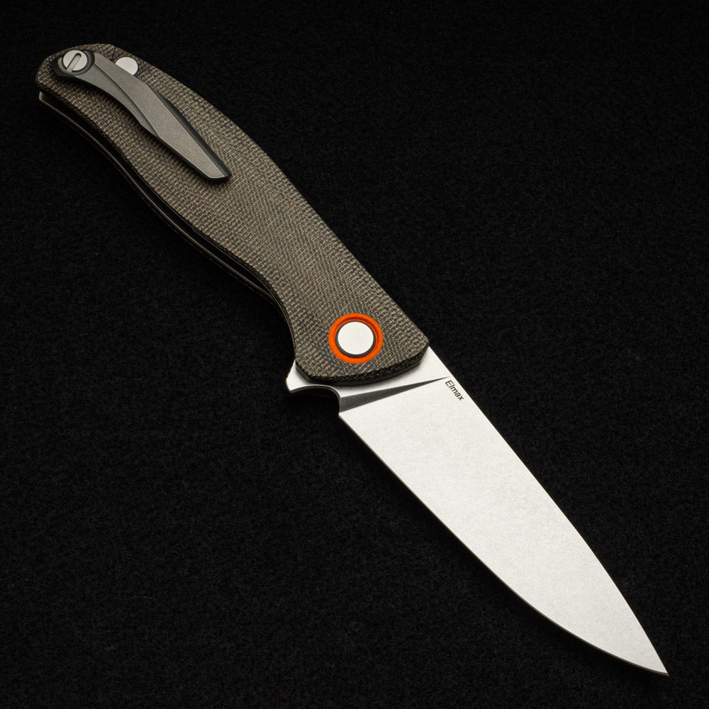 SHIROGOROV F3 – ELMAX FULL FLAT GRIND BLADE – GREEN CANVAS MICARTA HANDLE W- ORANGE ACCENTS – SRB