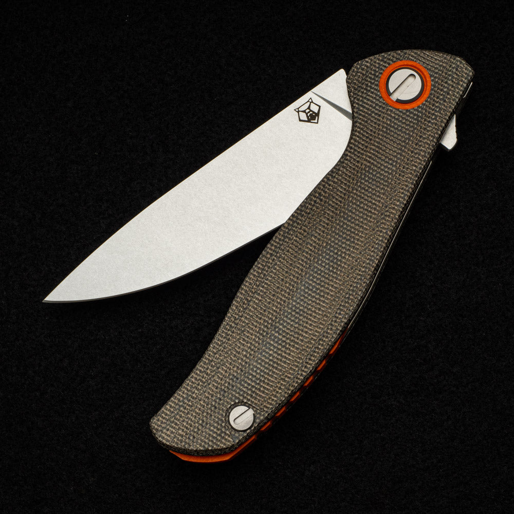 SHIROGOROV F3 – ELMAX FULL FLAT GRIND BLADE – GREEN CANVAS MICARTA HANDLE W- ORANGE ACCENTS – SRB