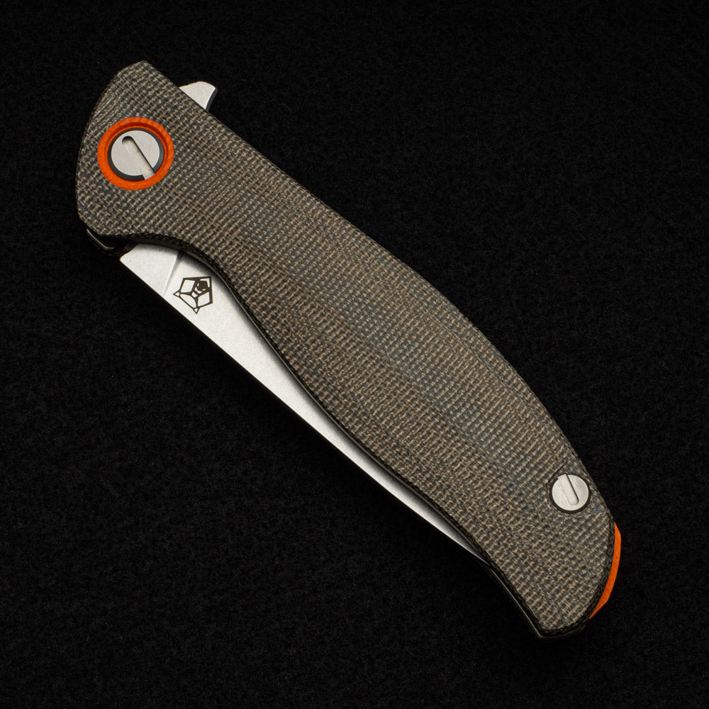 SHIROGOROV F3 – ELMAX FULL FLAT GRIND BLADE – GREEN CANVAS MICARTA HANDLE W- ORANGE ACCENTS – SRB