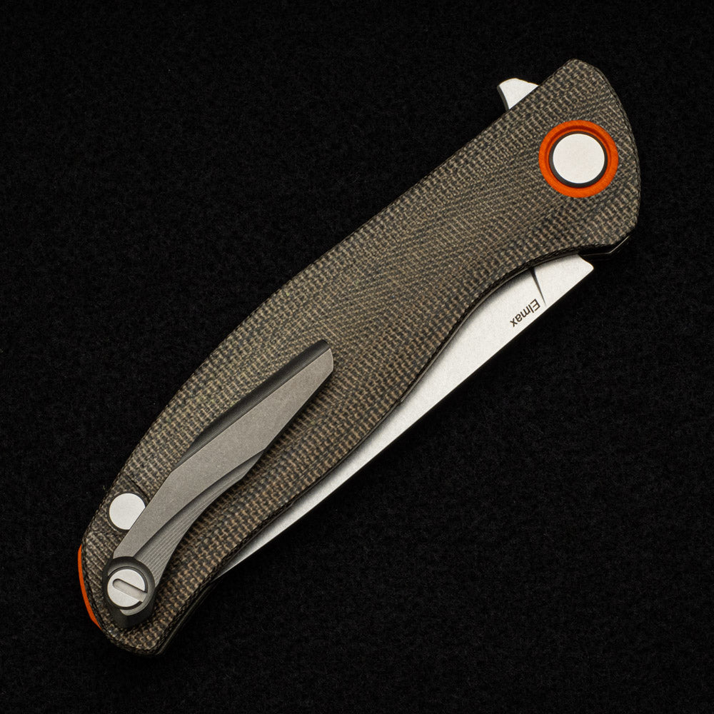 SHIROGOROV F3 – ELMAX FULL FLAT GRIND BLADE – GREEN CANVAS MICARTA HANDLE W- ORANGE ACCENTS – SRB