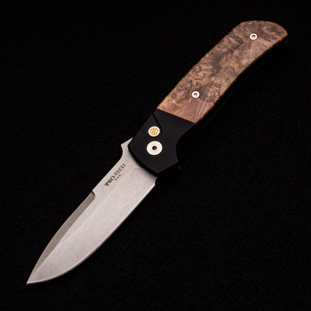 Pro-Tech Knives Terzuola ATCF Auto – Black Handle W- Maple Burl Inlays – Mosaic Push Button – Stonewash Magnacut Blade – Ti Clip – BT2706