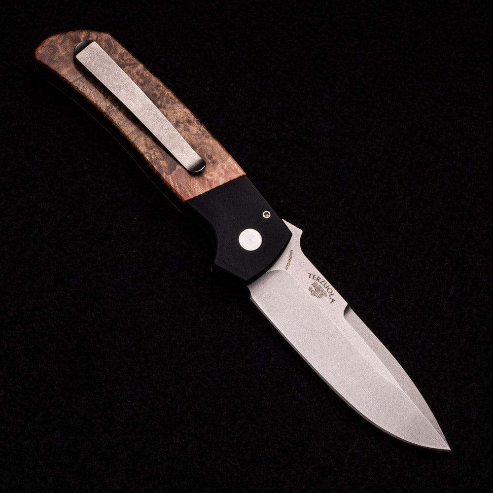 Pro-Tech Knives Terzuola ATCF Auto – Black Handle W- Maple Burl Inlays – Mosaic Push Button – Stonewash Magnacut Blade – Ti Clip – BT2706