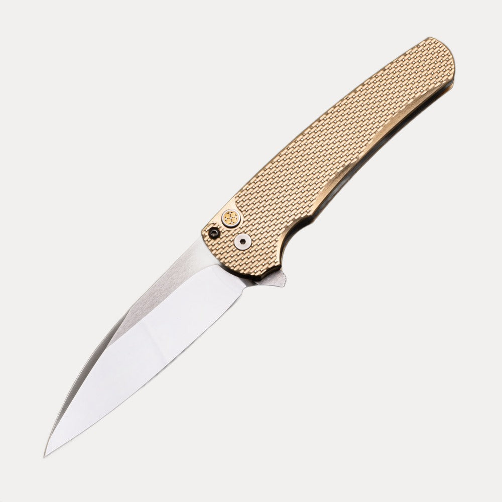 Pro-Tech Knives Malibu Flipper Custom Limited – Textured Bronze AL Handle- Hand Ground Mirror Polished Wharncliffe Blade – Mosaic Button – 5118