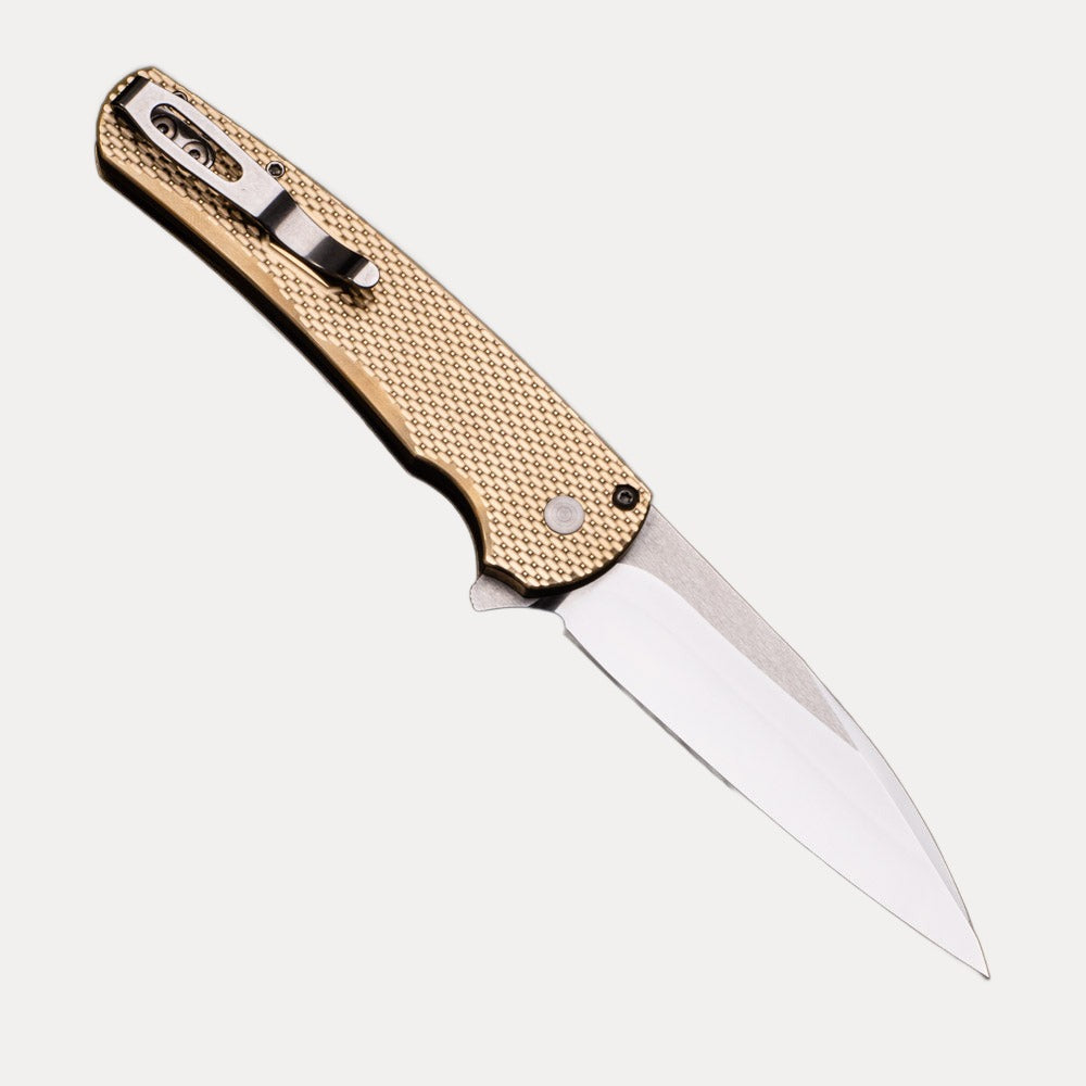 Pro-Tech Knives Malibu Flipper Custom Limited – Textured Bronze AL Handle- Hand Ground Mirror Polished Wharncliffe Blade – Mosaic Button – 5118