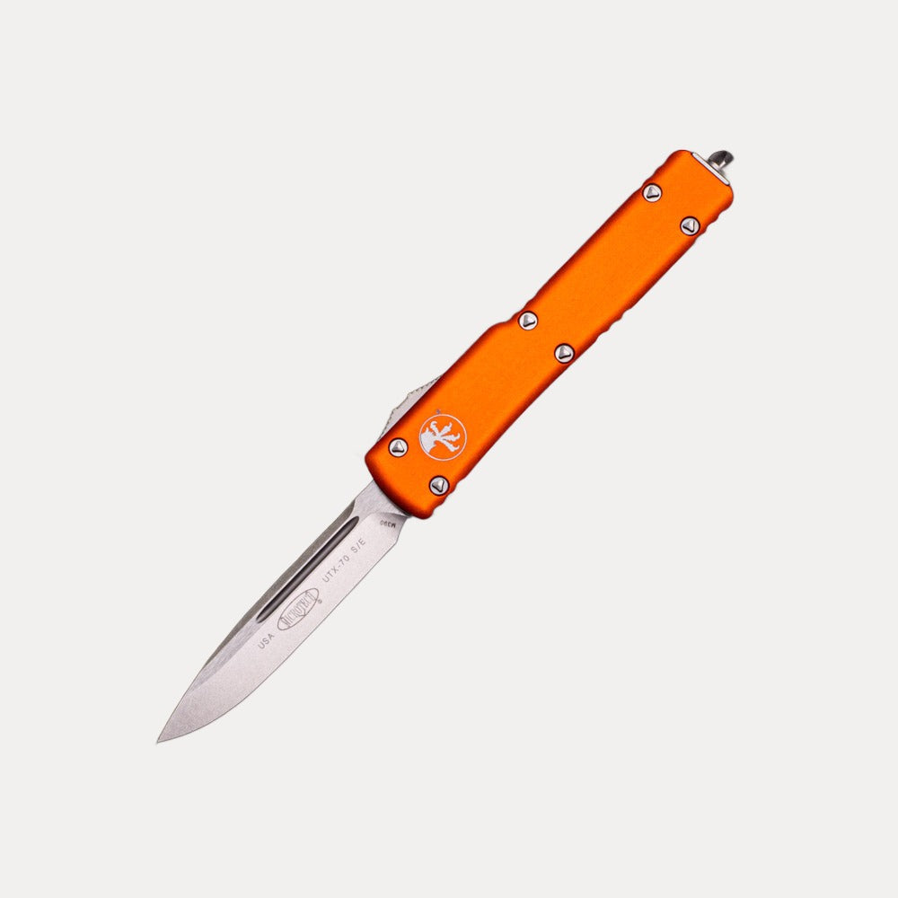 MICROTECH UTX-70 – S-E ORANGE STONEWASH STANDARD – M390 BLADE – 148-10 OR