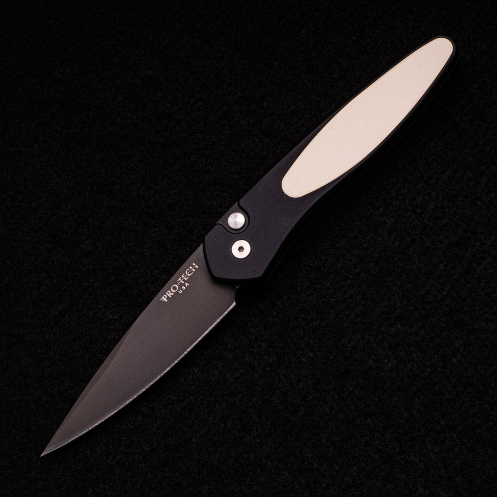 Pro-Tech Knives Newport – Tuxedo – Black Aluminum Handle – Ivory Micarta Inlay – Black DLC S35VN Blade 3452