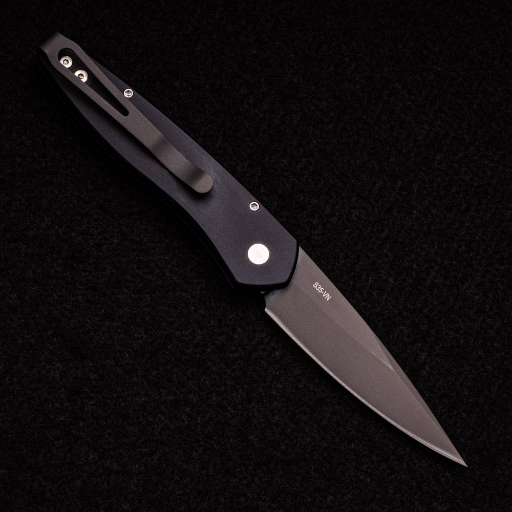 Pro-Tech Knives Newport – Tuxedo – Black Aluminum Handle – Ivory Micarta Inlay – Black DLC S35VN Blade 3452