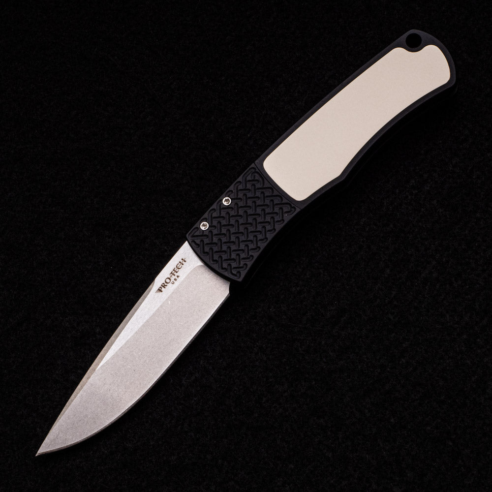 Pro-Tech Knives “Whiskers” Design – Tuxedo Black Handle – Ivory Micarta – Stonewash Blade BR-1.51