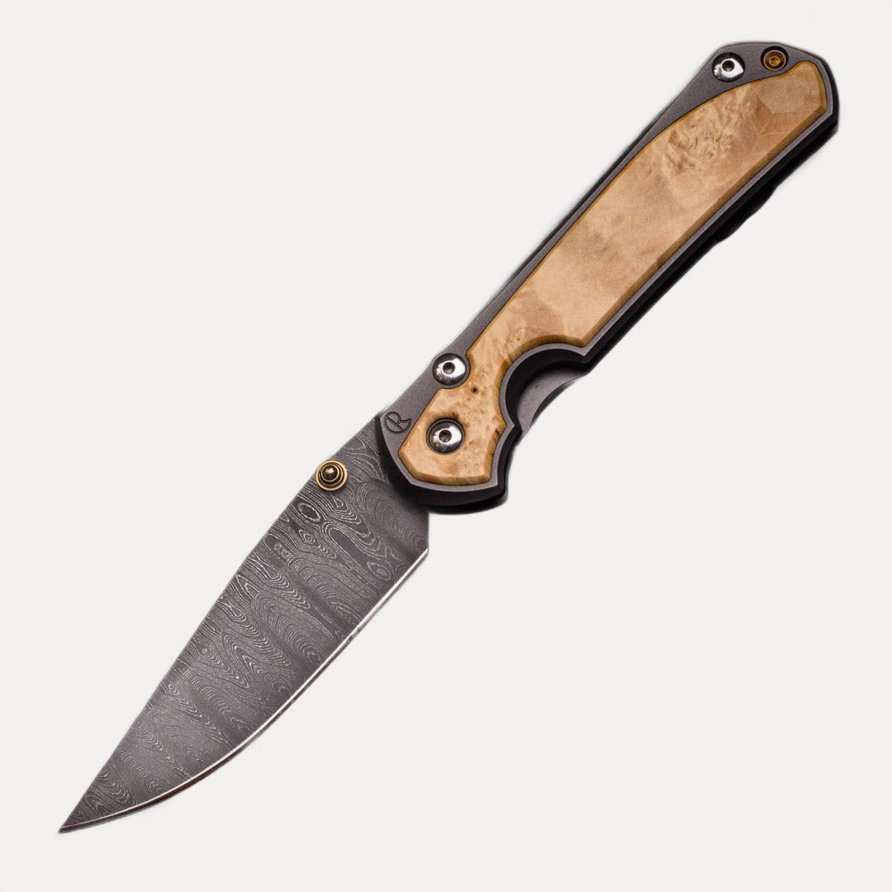 CHRIS REEVE LARGE SEBENZA 31 BOX ELDER BURL INLAY – LADDER BLADE – GOLD DOUBLE THUMB LUGS