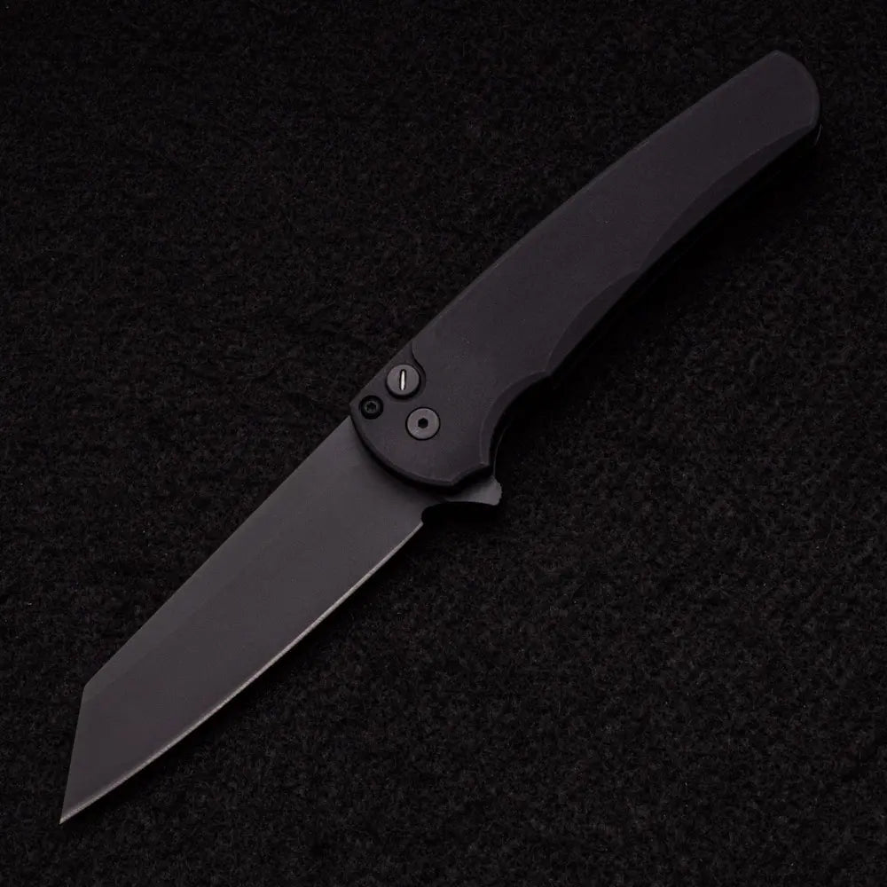 Pro-Tech Knives Malibu Flipper Operator – Black Aluminum Scales- Black DLC 20CV Reverse Tanto Blade – Tritium Inlay Button