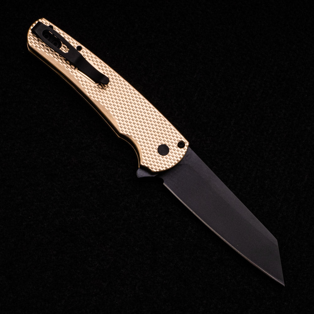 Pro-Tech Knives Malibu Flipper Limited – Textured Bronze AL Handle- DLC Black 20CV Reverse Tanto Blade – Mosaic Button